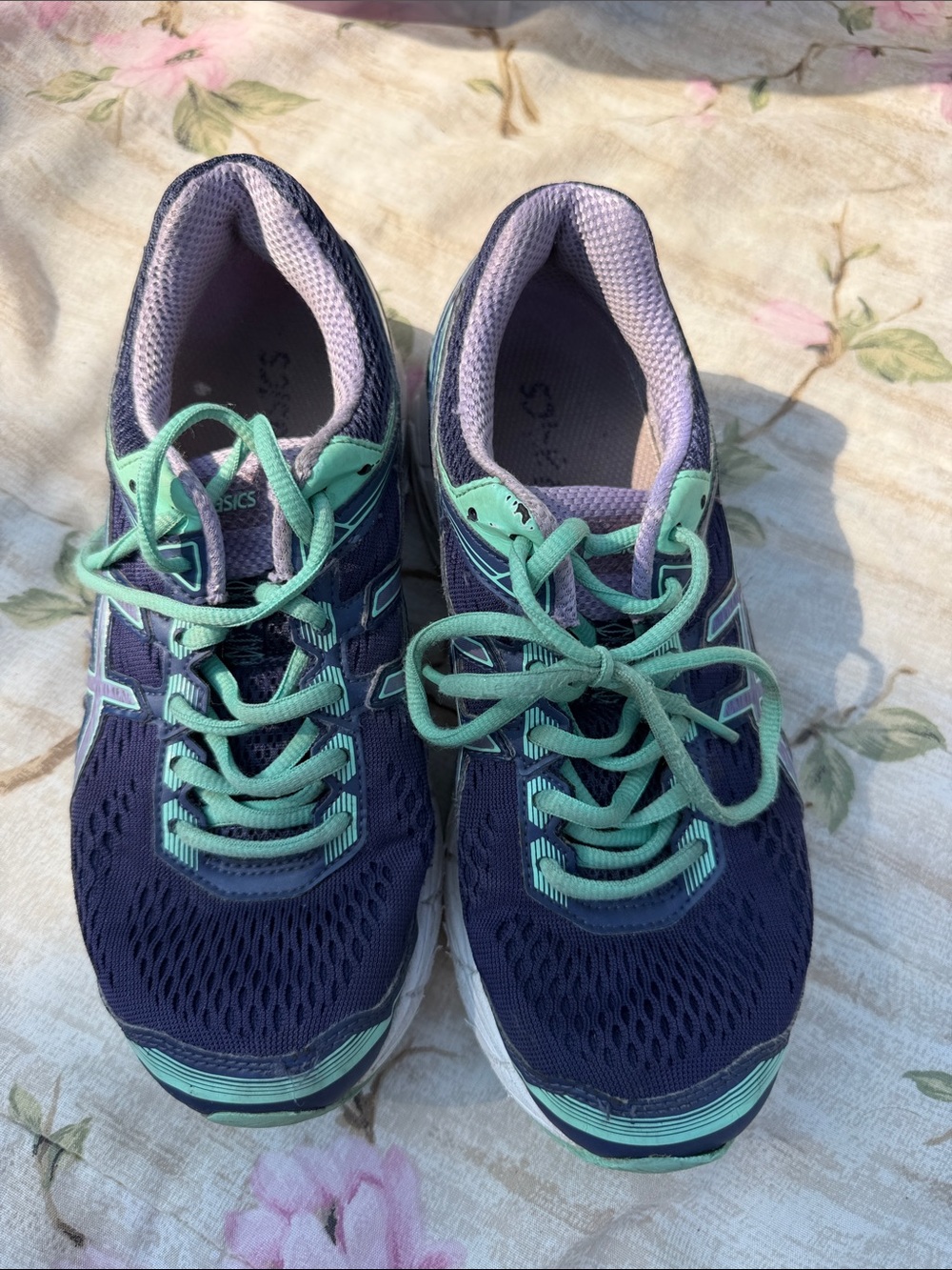 Asics Women's Navy and Mint Lace-Up Running Shoes